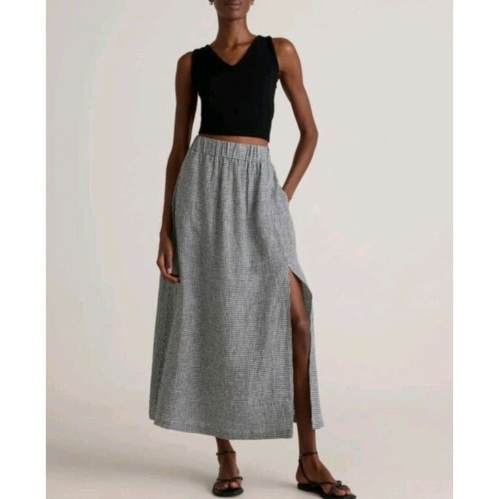 NWT Quince European Linen Gingham Plaid Pull On Side Slit A Line Maxi Skirt M